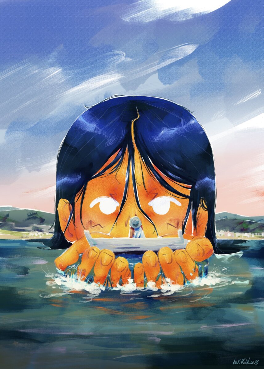 Illustrazione dai colori intensi: un grande volto arancione dai capelli blu emerge dall’acqua e sostiene con le mani una piccola barca con una persona a bordo; sullo sfondo una costa e un cielo nuvoloso.