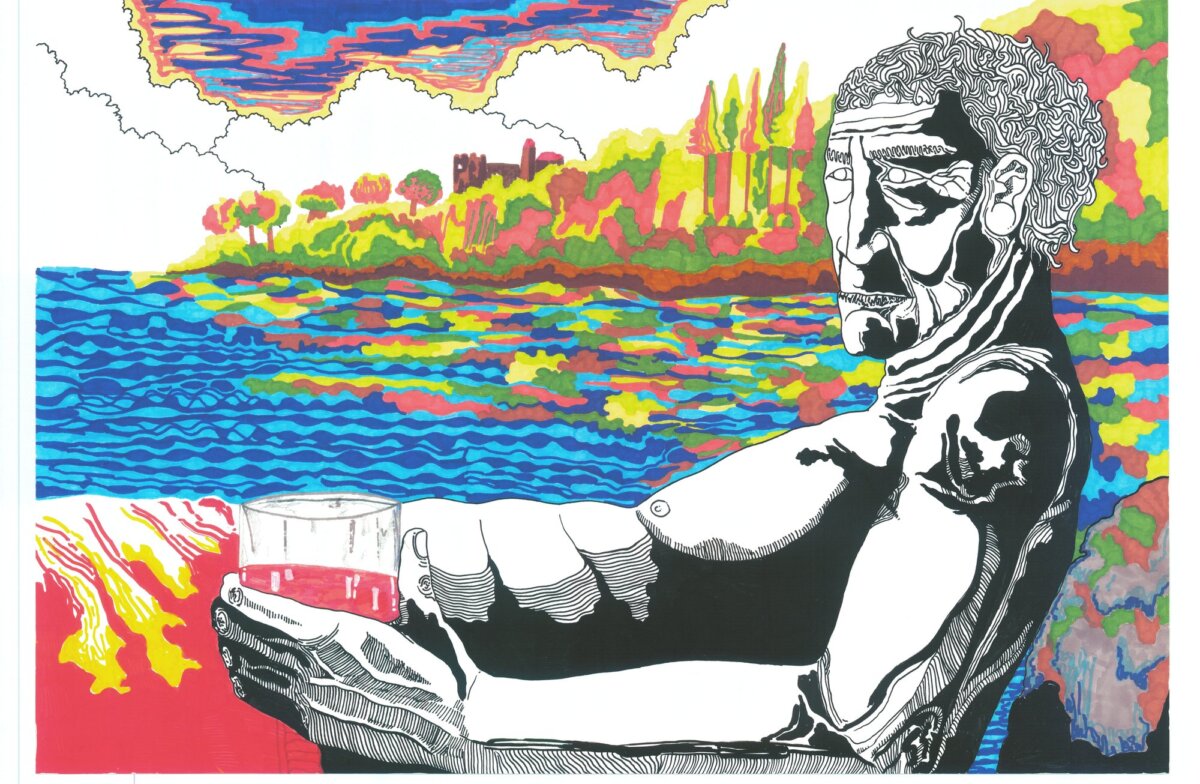 Disegno a pennarello dai colori vivaci: un uomo anziano dai capelli ricci, a tratti neri fitti, regge un bicchiere con una bevanda rossa davanti a un paesaggio di mare e colline colorato a fasce.
